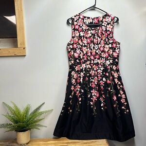 Talbots Floral Sleeveless Dress Pink/Black A Line Fit & Flare Cotton Midi 12P